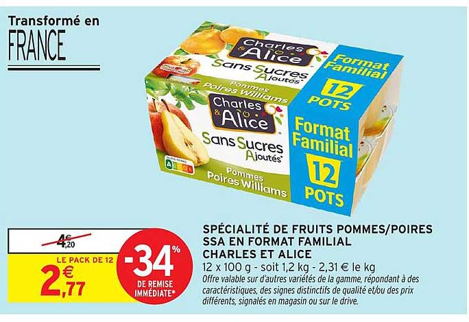 SPÉCIALITÉ DE FRUITS POMMES/POIRES SSA EN FORMAT FAMILIAL CHARLES ET ALICE