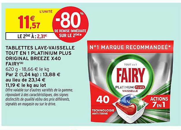 TABLETTES LAVE-VAISSELLE TOUT EN 1 PLATINUM PLUS ORIGINAL BREEZE X40 FAIRY(b)