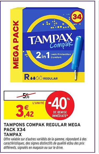 TAMPONS COMPAK REGULAR MEGA PACK X34 TAMPAX
