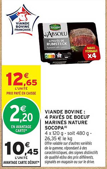 VIANDE BOVINE : 4 PAVÉS DE BOEUF MARINÉS NATURE SOCOPA(1)