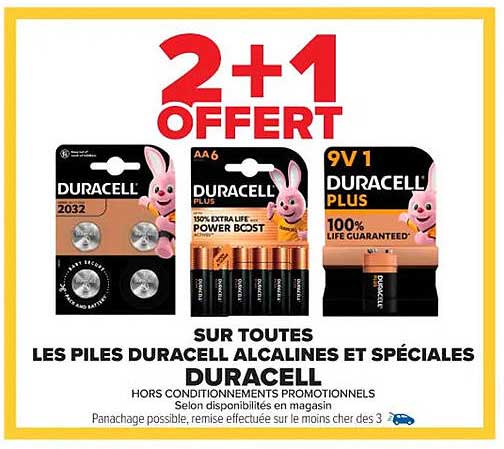 2 + 1 OFFERT SUR TOUTES LES PILES DURACELL ALCALINES ET SPÉCIALES