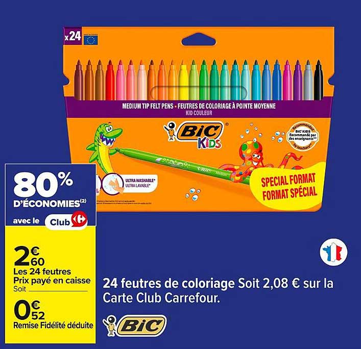 24 feutres de coloriage Soit 2,08 € sur la Carte Club Carrefour.