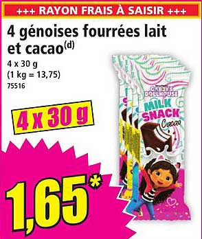 4 génoises fourrées lait et cacao