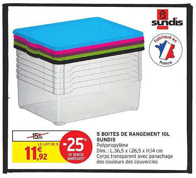 5 BOITES DE RANGEMENT 10L SUNDIS