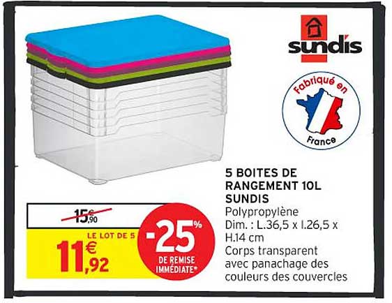 5 BOITES DE RANGEMENT 10L SUNDIS