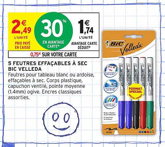5 FEUTRES EFFACABLES À SEC BIC VELLEDA
