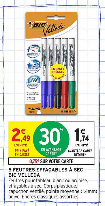 5 FEUTRES EFFAÇABLES À SEC BIC VELLEDA