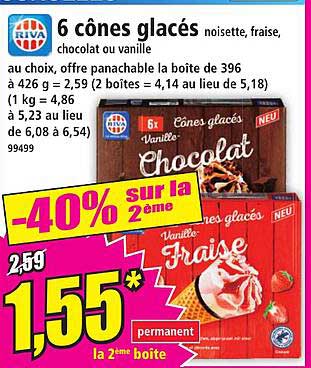 6 cônes glacés noisette, fraise, chocolat ou vanille
