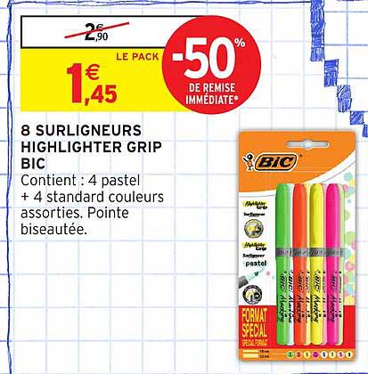 8 SURLIGNEURS HIGHLIGHTER GRIP BIC