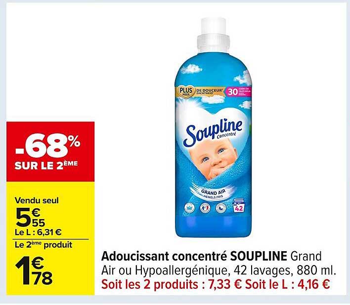 Adoucissant concentré SOUPLINE Grand Air ou Hypoallergénique, 42 lavages, 880 ml.