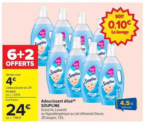 Adoucissant dilué SOUPLINE - Grand Air, Lavande ou Hypoallergénique au Lait d'Amande Douce