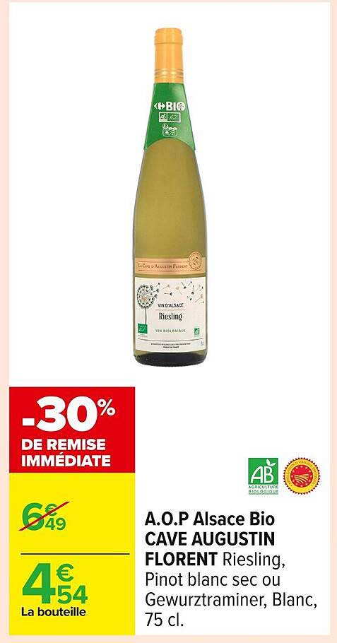 A.O.P Alsace Bio CAVE AUGUSTIN FLORENT Riesling, Pinot blanc sec ou Gewurztraminer, Blanc, 75 cl.