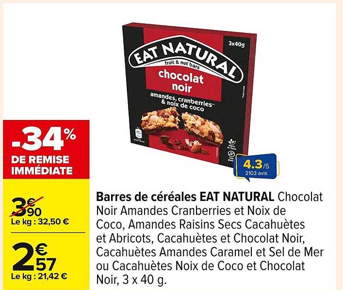 Barres de céréales EAT NATURAL Chocolat Noir Amandes Cranberries et Noix de Coco