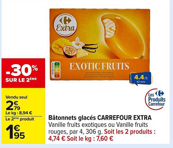 Bâtonnets glacés CARREFOUR EXTRA Vanille fruits exotiques ou Vanille fruits rouges