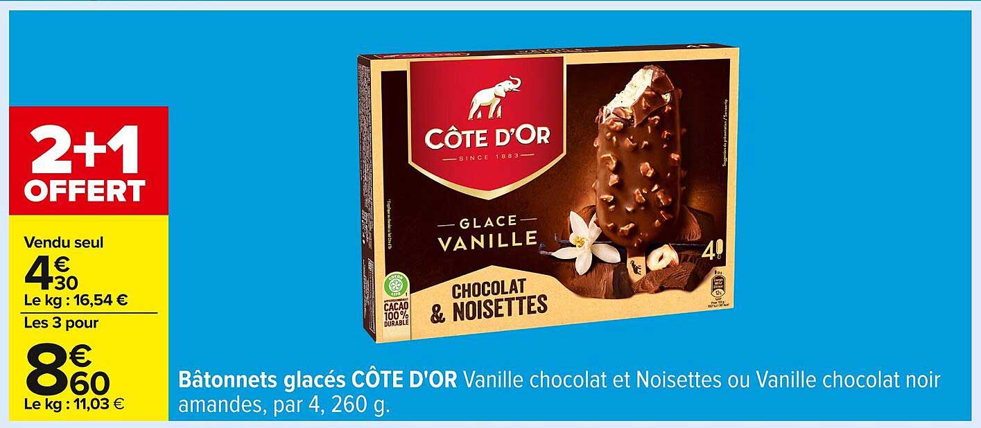 Bâtonnets glacés CÔTÉ D'OR Vanille chocolat et Noisettes ou Vanille chocolat noir amandes, par 4, 260 g.