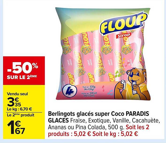 Berlingots glacés super Coco PARADIS GLACES Fraise, Exotique, Vanille, Cacaahüète, Ananas ou Pina Colada, 500 g