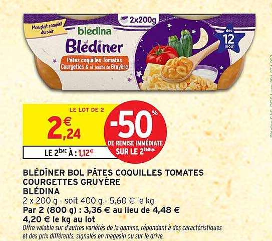 BLÉDINA BOL PÂTES COQUILLES TOMATES COURGETTES GRUYÈRE