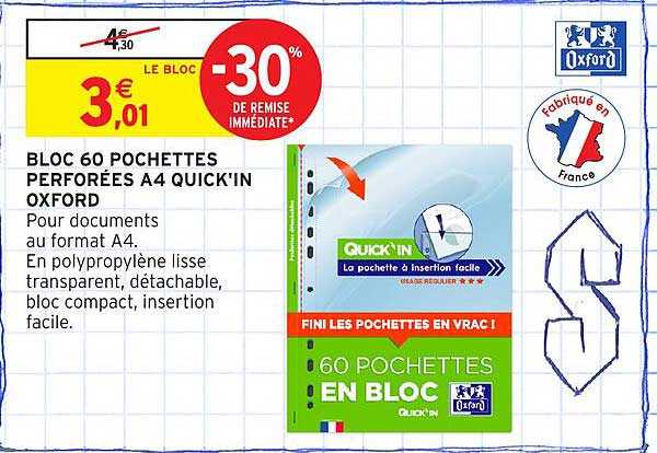 BLOC 60 POCHETTES PERFORÉES A4 QUICK'IN OXFORD