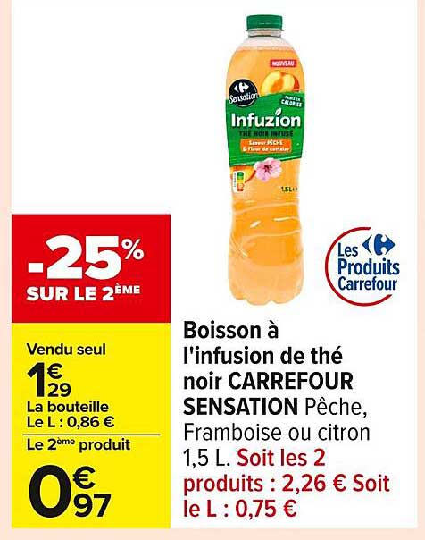 Boisson à l'infusion de thé noir CARREFOUR SENSATION Pêche, Framboise ou citron 1,5 L