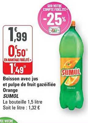 Boisson avec jus et pulpe de fruit gazéifiée Orange SUMOL