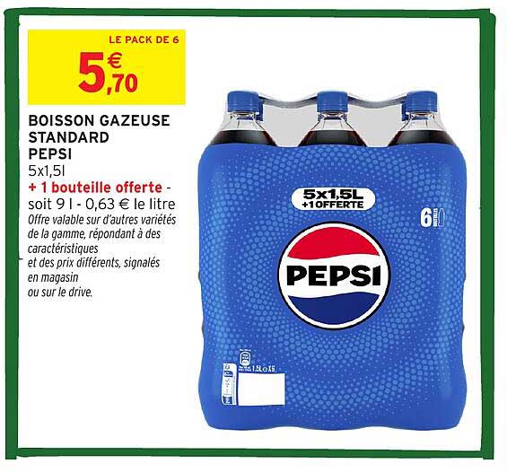 BOISSON GAZEUSE STANDARD PEPSI 5x1,5l + 1 bouteille offerte