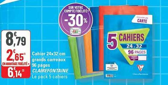 Cahier 24x32 cm grands carreaux 96 pages CLAIREFONTAINE - Le pack 5 cahiers