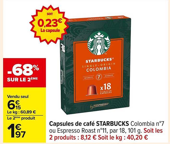 Capsules de café STARBUCKS Colombia n°7 ou Espresso Roast n°11