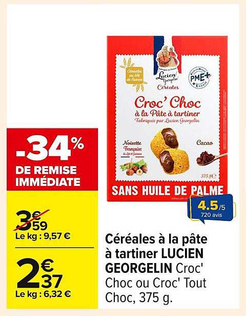 Céréales à la pâte à tartiner LUCIEN GEORGELIN Croc' Choc ou Croc' Tout Choc, 375 g