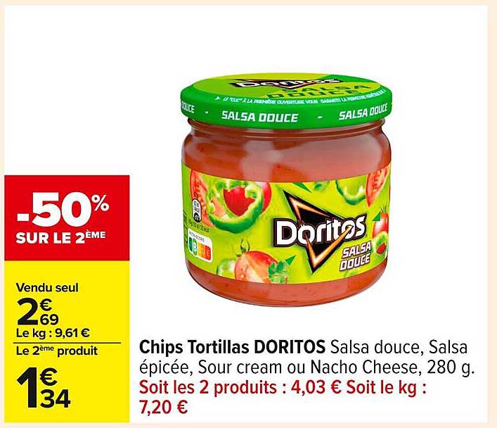 Chips Tortillas DORITOS Salsa douce, Salsa épicée, Sour cream ou Nacho Cheese, 280 g.