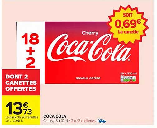 Coca-Cola Cherry, 18 x 33 cl + 2 canettes offertes