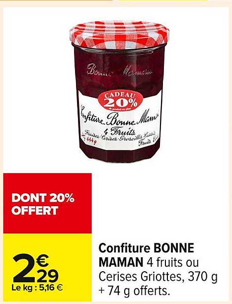 Confiture BONNE MAMAN 4 fruits ou Cerises Griottes, 370 g + 74 g offerts.