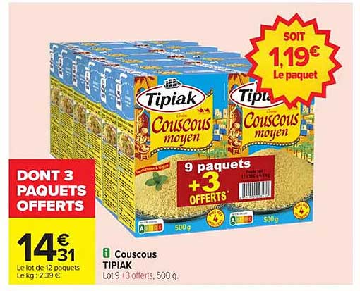Couscous moyen Tipiak - Lot 9 paquets + 3 offerts