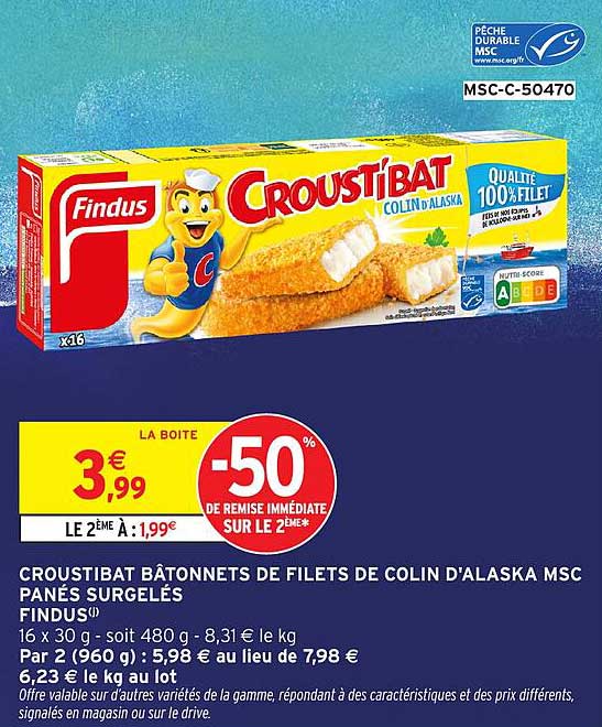 CROUSTIBAT BÂTONNETS DE FILETS DE COLIN D'ALASKA MSC PANÉS SURGELÉS FINDUS