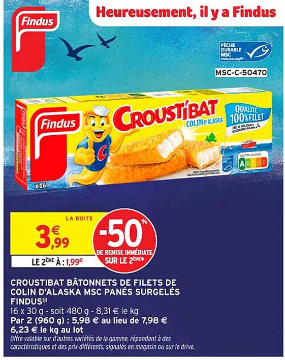 CROUST'IBAT BÂTONNETS DE FILETS DE COLIN D'ALASKA MSC PANÉS SURGELÉS FINDUS