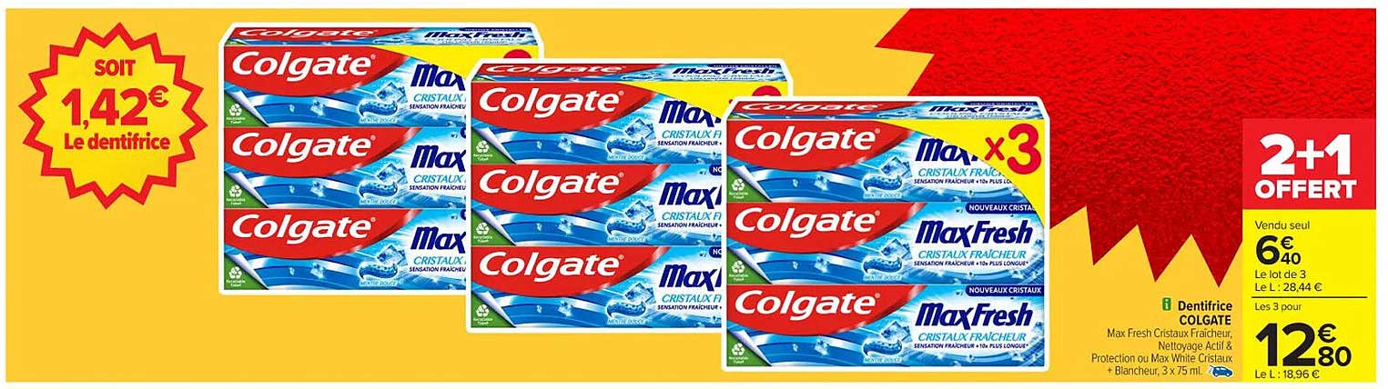 Dentifrice Colgate MaxFresh 3 x 75 ml - 2 + 1 offert