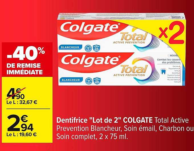 Dentifrice "Lot de 2" COLGATE Total Active Prevention Blancheur