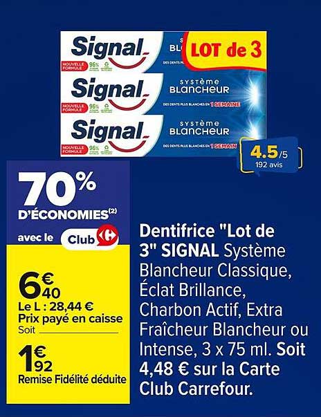 Dentifrice "Lot de 3" SIGNAL Système Blanchneur Classique, Éclat Brillance, Charbon Actif, Extra Fraîcheur Blanchneur ou Intense, 3 x 75 ml.