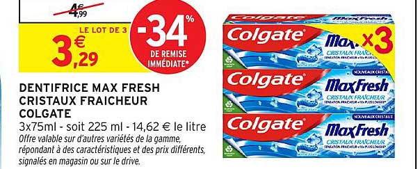 DENTIFRICE MAX FRESH CRISTAUX FRAICHEUR COLGATE
