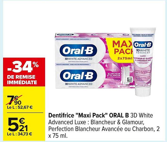 Dentifrice "Maxi Pack" ORAL B 3D White Advanced Luxe : Blancheur & Glamour, Perfection Blancheur Avancée ou Charbon, 2 x 75 ml.