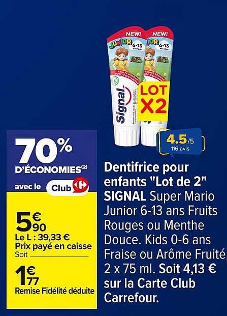 Dentifrice pour enfants "Lot de 2" SIGNAL Super Mario Junior 6-13 ans Fruits Rouges ou Menthe Douce