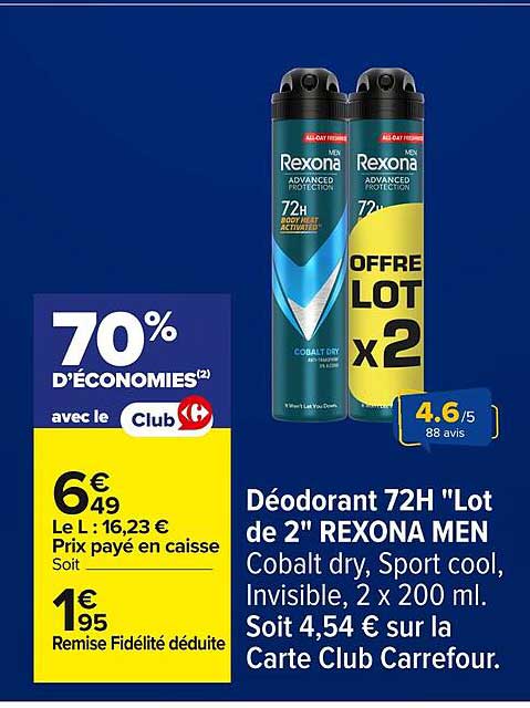 Déodorant 72H "Lot de 2" REXONA MEN Cobalt dry, Sport cool, Invisible, 2 x 200 ml