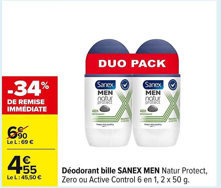 Déodorant bille SANEX MEN Natur Protect, Zero ou Active Control 6 en 1, 2 x 50 g