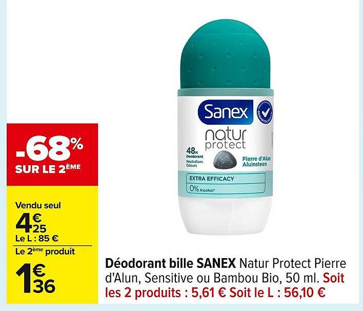 Déodorant bille SANEX Natur Protect Pierre d'Alun, Sensitive ou Bambou Bio, 50 ml