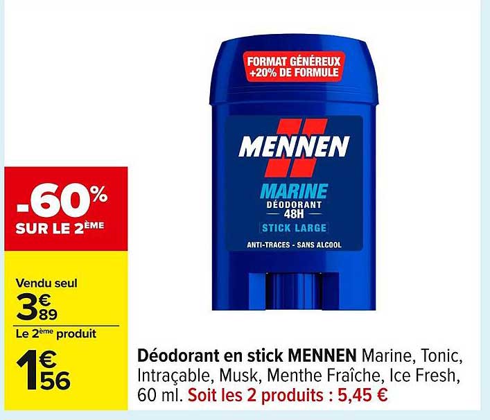 Déodorant en stick MENNEN Marine, Tonic, Intraçable, Musk, Menthe Fraîche, Ice Fresh, 60 ml.