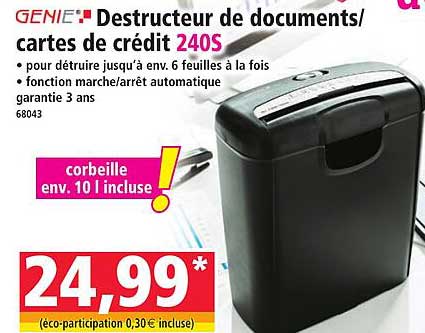 Destructeur de documents/cartes de crédit 240S