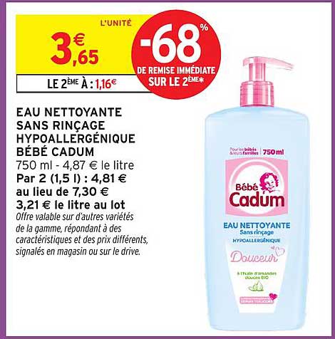 EAU NETTOYANTE SANS RINÇAGE HYPOALLERGÉNIQUE BÉBÉ CADUM