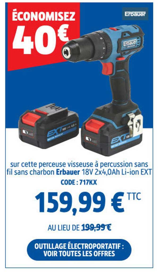 ÉCONOMISEZ 40€ sur cette perceuse visseuse à percussion sans fil sans charbon Erbauer 18V 2x4,0Ah Li-ion EXT