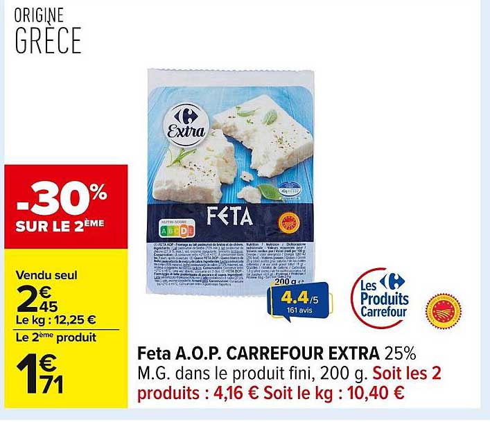 Feta A.O.P. CARREFOUR EXTRA 25% M.G. dans le produit fini, 200 g.