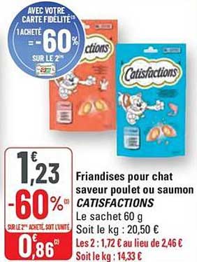 Friandises pour chat saveur poulet ou saumon CATISFACTIONS