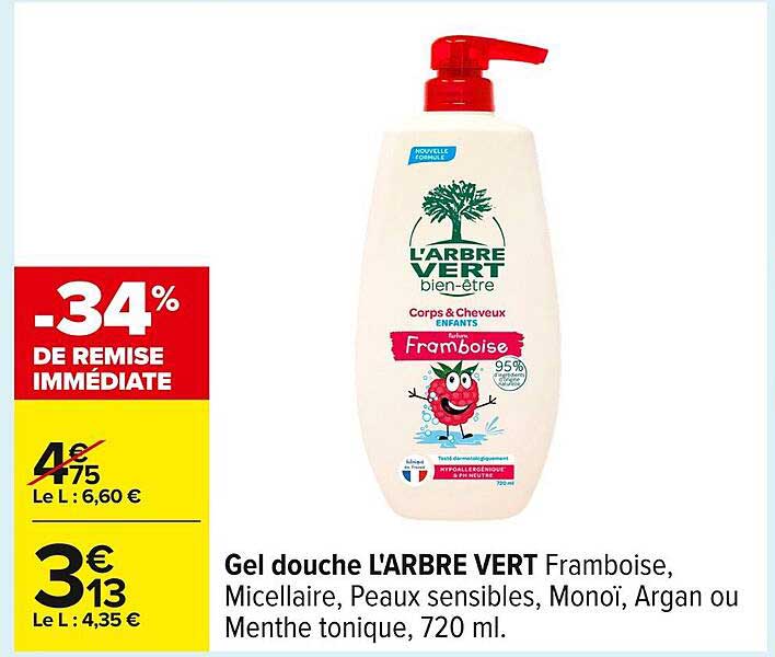 Gel douche L'ARBRE VERT Framboise, Micellaire, Peaux sensibles, Monoï, Argan ou Menthe tonique, 720 ml.